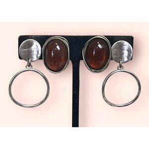 Lot Of 2 MARJORIE BAER SF Silver Tone Dangle Hoop & Faux Amber Clip Earrings